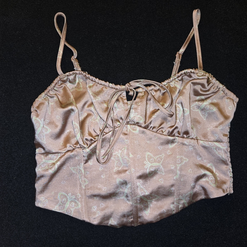 LA Hearts Silky Brown Corset Top With Butterflies